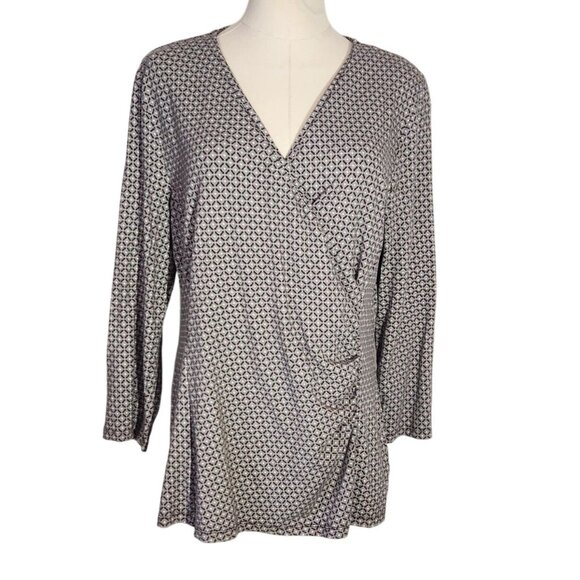 Talbots Brown Geometric Print Talbots Long Sleeve Wrap Style Tunic Top Womens L - Picture 5 of 14
